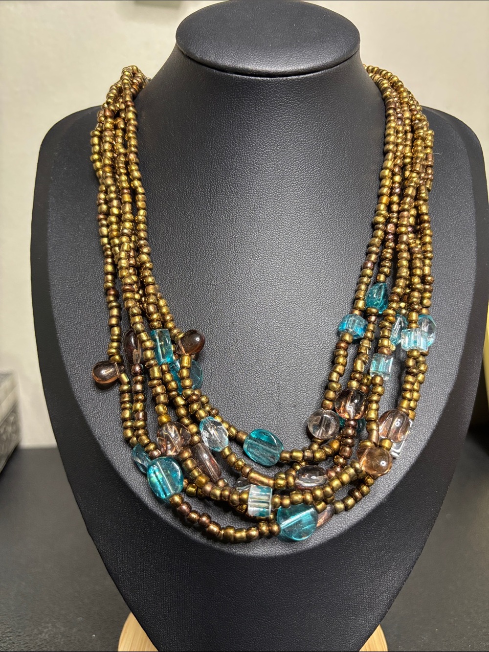Vintage Multi-Strand Gold Glass Teal Beaded Necklace Boho